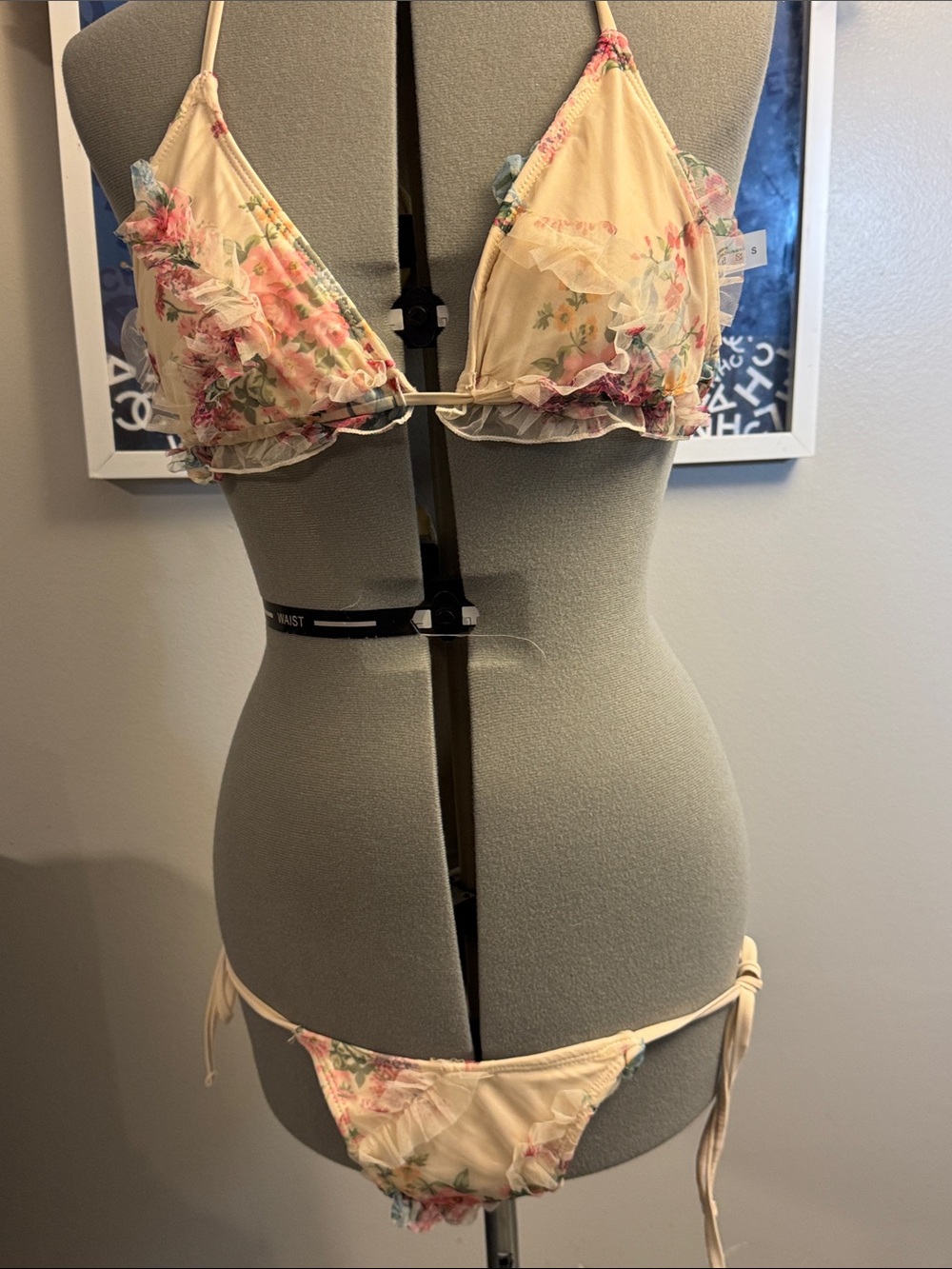 Cream Floral Ruffle Triangle Bikini with Pink and Green Accents